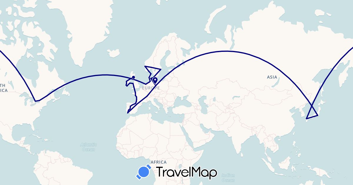 TravelMap itinerary: driving in Canada, Switzerland, Germany, Denmark, Spain, France, United Kingdom, Ireland, Japan, Netherlands, Norway, Portugal, Sweden (Asia, Europe, North America)